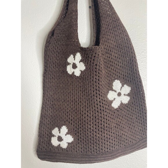 Brown Crochet Knit Flower Tote Bag – Cottagecore Y2K Indie Boho Shoulder Bag - Picture 2 of 6